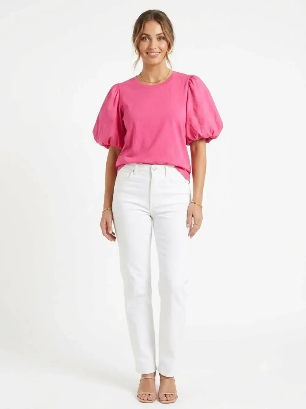 Love The Label Blouse Top Womens XL Fuchsia Pink Stretch Puff Sleeve Classic